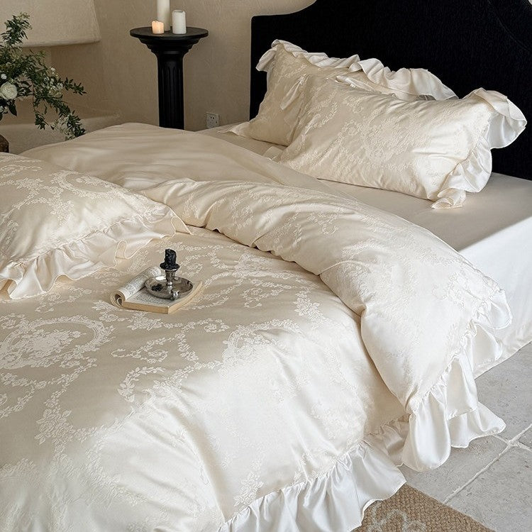 Elegantes Bettwäscheset mit Jacquard-Blumenmuster, Volant und weichem Baumwollsatin