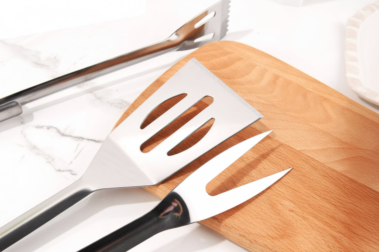 Edelstahl Grillbesteck Set mit Langstieligen Wendespachtel Gabel Zange und Schaber Brehn