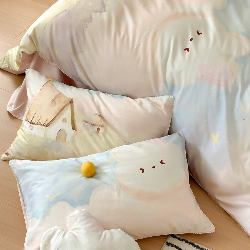Weiches Mikrofaser-Bettbezug- und Kissenbezug-Set mit plüschigem Wolkenkissen und Aquarell-Häuserdruck