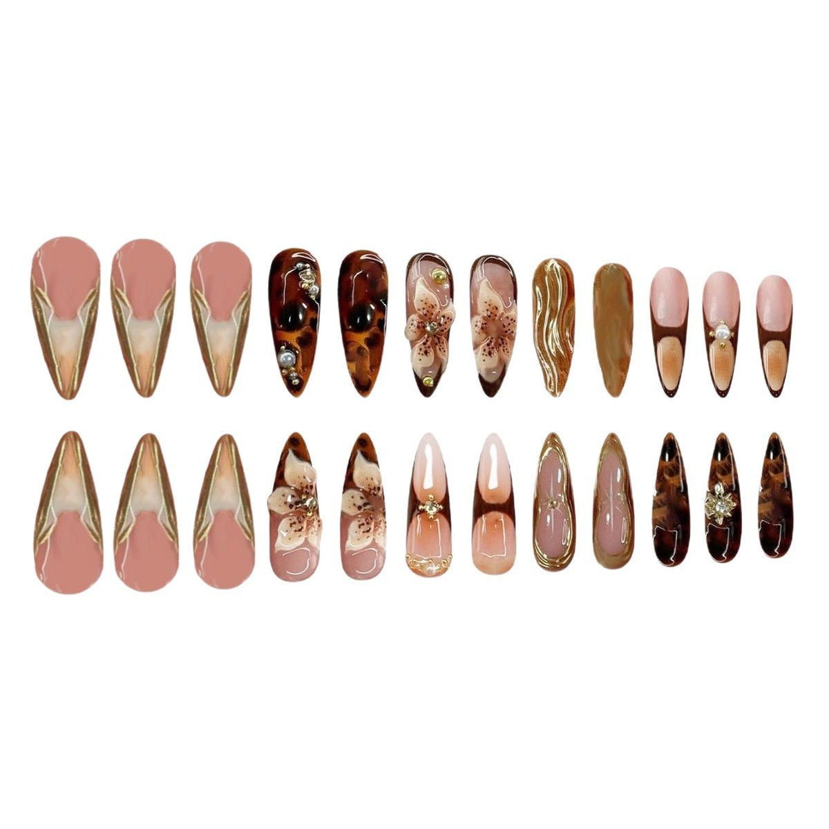 Künstlerische Stiletto Press-On Nagelkunst mit floralen und Edelstein-Akzenten Brehn