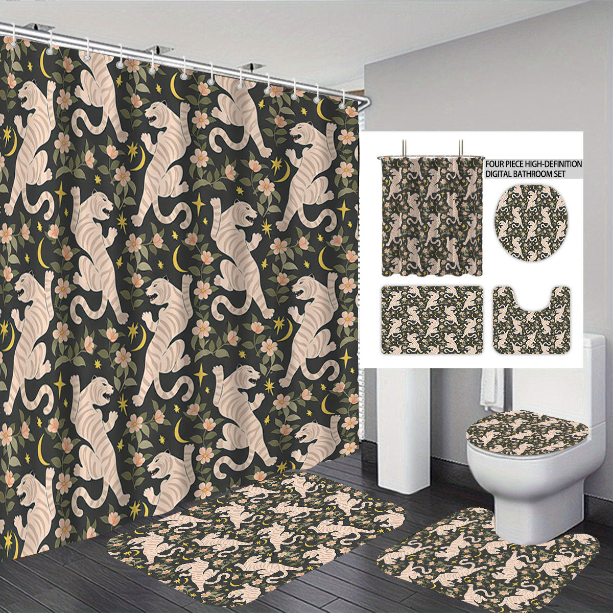 Künstlerisches Hochauflösungs-Löwen- und Rosen-Themen Badezimmer-Dekor Set Brehn