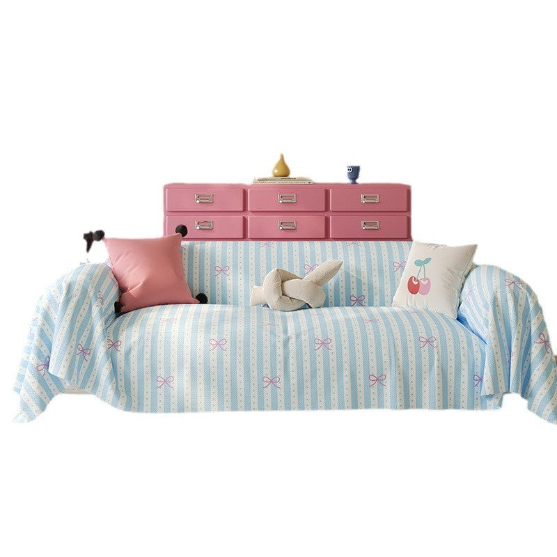 Striped Printed Stretch Sofa Slipcover with Bow Motif and Full-Cover Fit
