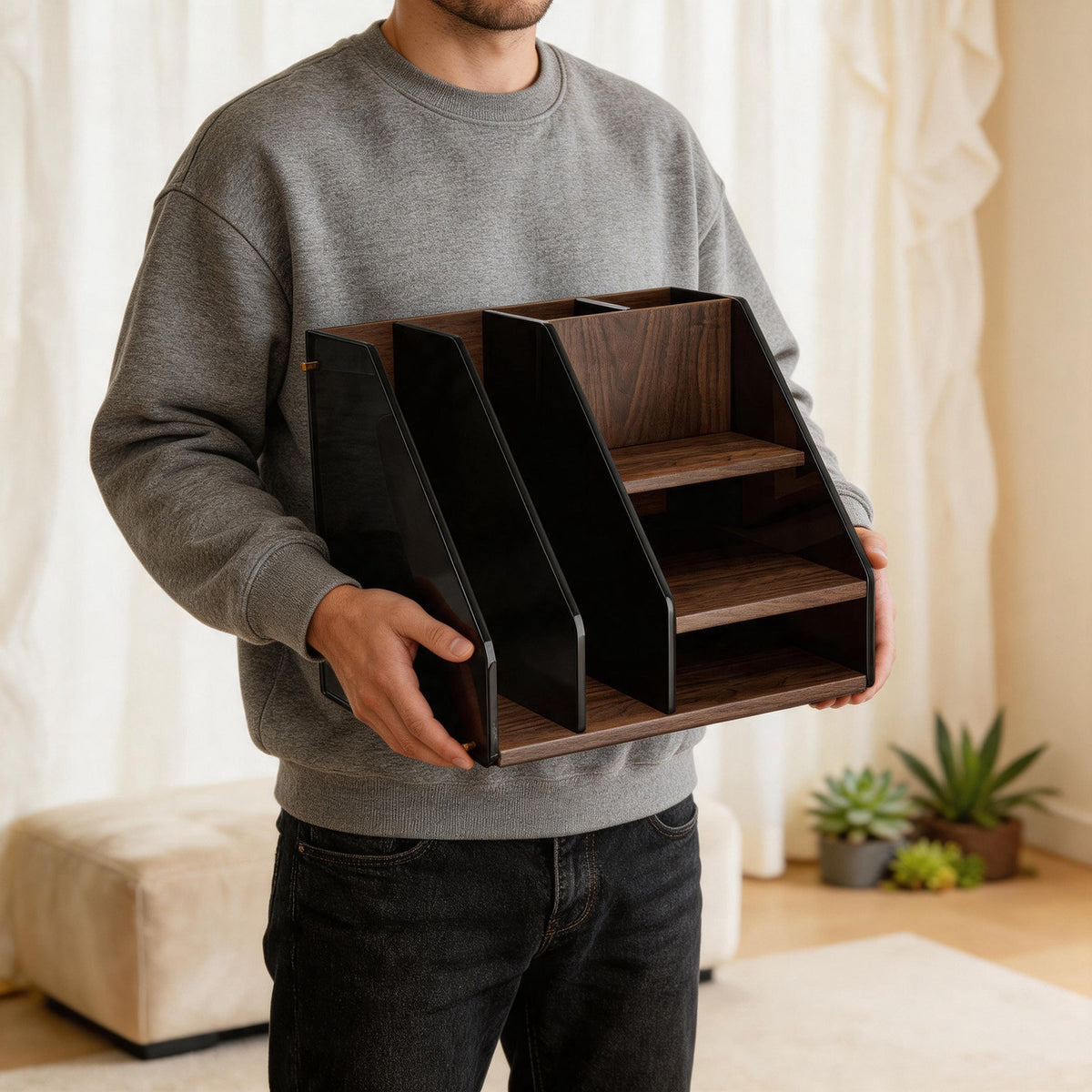 Multi-Compartment Holz Schreibtisch Organizer mit rauchfarbenen acryl Aktenfächern