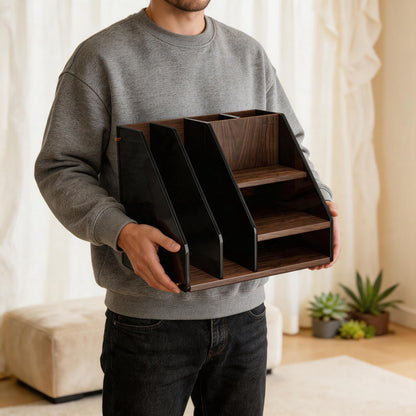 Multi-Compartment Holz Schreibtisch Organizer mit rauchfarbenen acryl Aktenfächern