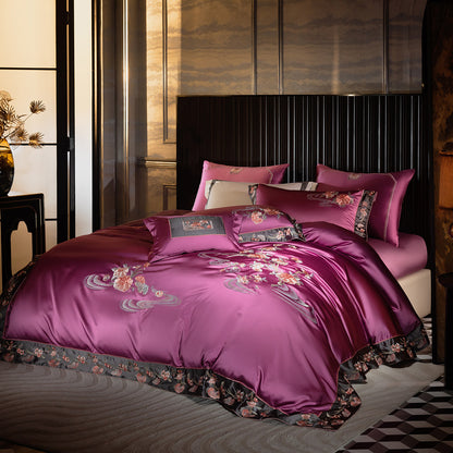 Luxuriöser Satin-Feel gestickter Bettbezug Set mit floralem Applikation