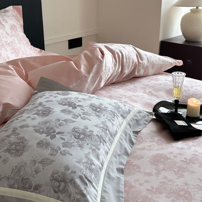 Florales Jacquard Baumwoll-Satin Bettbezug-Set mit Kontrastsaum und Kissenbezügen