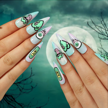 Kunstvolle Stiletto-Nägel mit kreativen Motiven und detailgetreuer Gestaltung Brehn