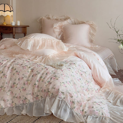 Vintage Floral Bestickte Rüschene Bettbezug & Organza Tagesdecke Ensemble