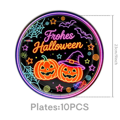 Komplettes Halloween-Party-Tischdekor-Set mit Neon-Kürbisdesign Einweggeschirr und Girlande
