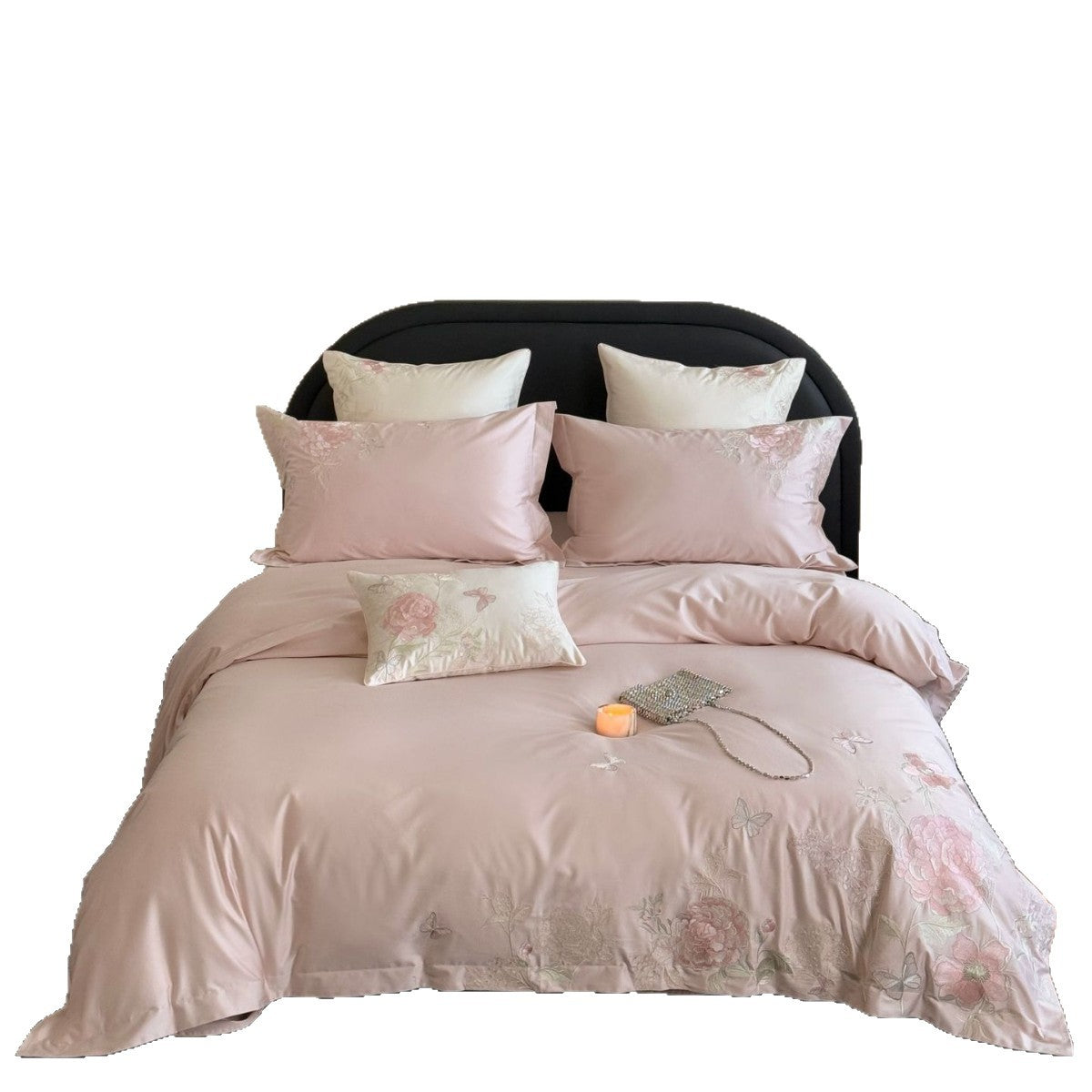 Satin-Bettbezuggarnitur mit floraler Stickereiborte und seidenweichem Finish