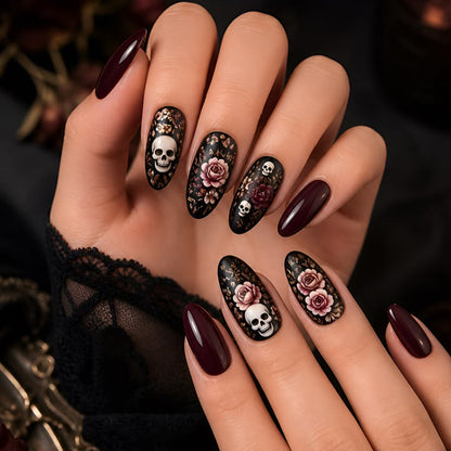 Gothic Floral und Skull Akzent Nagelkunst Verlängerungen Brehn