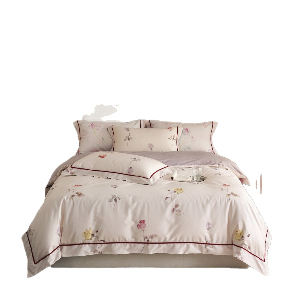 Seidiger Baumwollsatin-Bettbezug-Set mit aquarellierten Tulpen und Kontrastpaspel