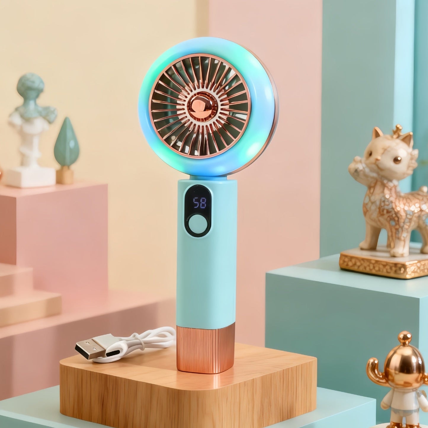Damen tragbarer Mini-Handventilator mit LED-Licht und digitaler Steuerung Brehn