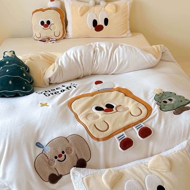 Weihnachtliches Kuschelbettwäsche-Set mit 3D-Applikationen und Teddyfleece