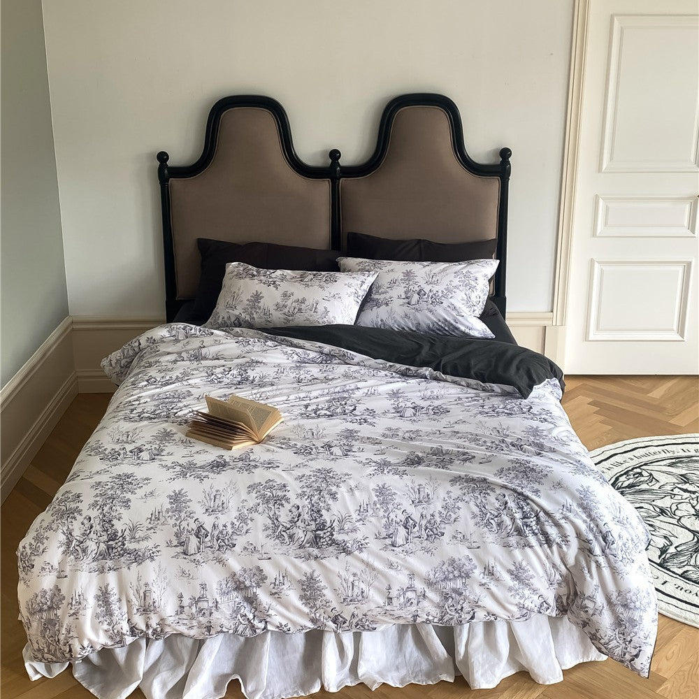 Luxus Toile Baumwolle Duvet Cover Set mit Rüscheneinfassung und Kissenbezügen