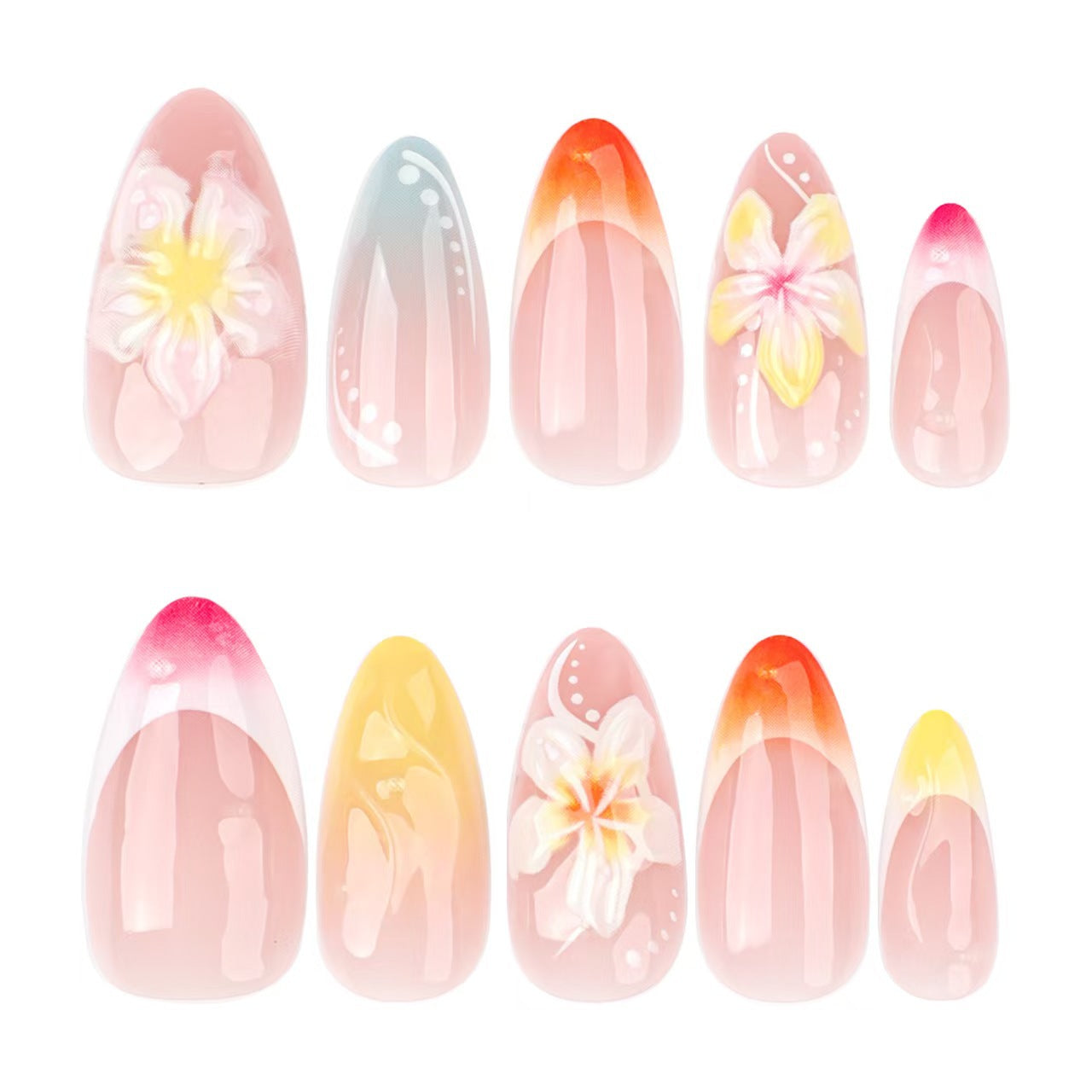 Künstlerisches Press-On-Nagelset mit floralen und Ombre-Designs Brehn
