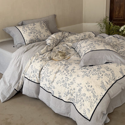 Florales Baumwoll-Leinen Bettbezug-Set mit gewelltem Rand