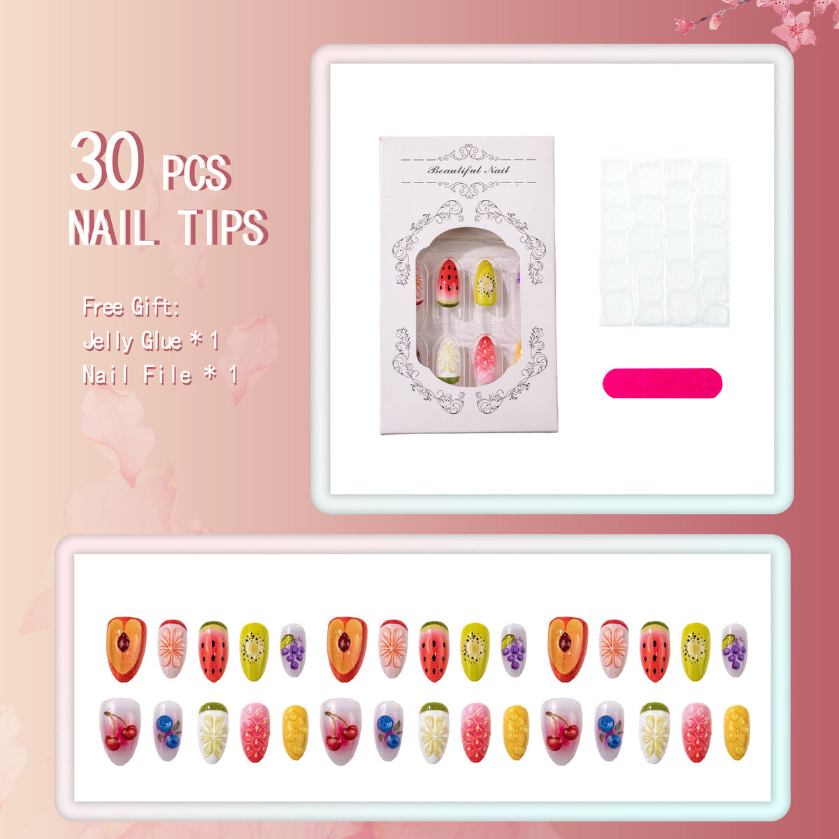 Künstlerisches von Früchten inspiriertes Press-On Nagelkunst-Set