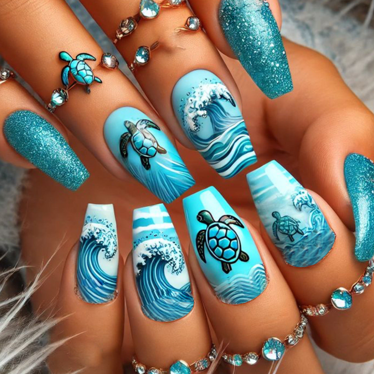 Künstlerische vom Ozean inspirierte Nagelkunstverlängerungen Brehn