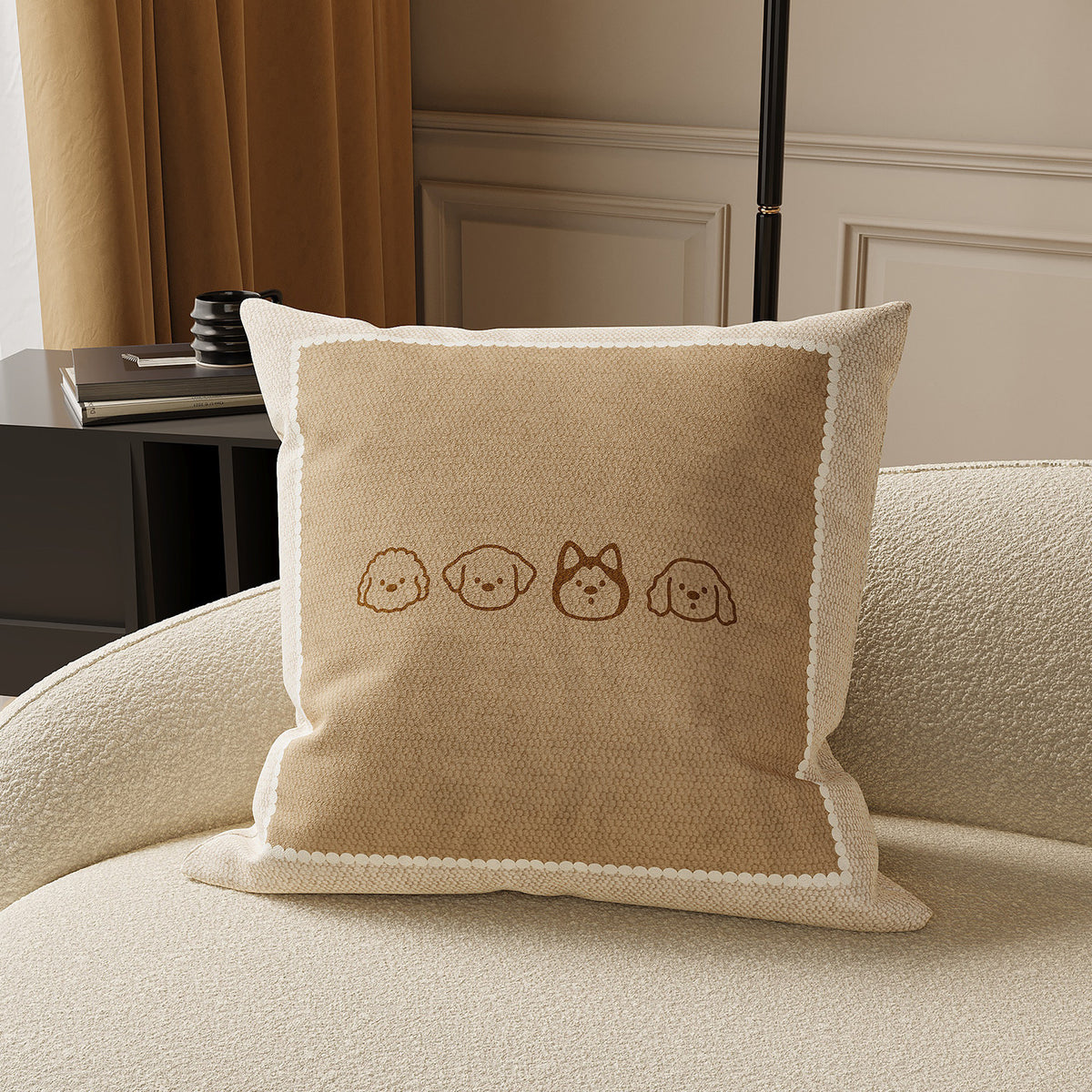 Square Textured Bouclé Throw Pillow Cover with Embroidered Teddy Motif