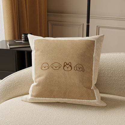 Square Textured Bouclé Throw Pillow Cover with Embroidered Teddy Motif