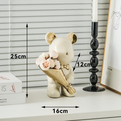 Dekorative Bärenfigur mit Blumenstrauß für Zuhause