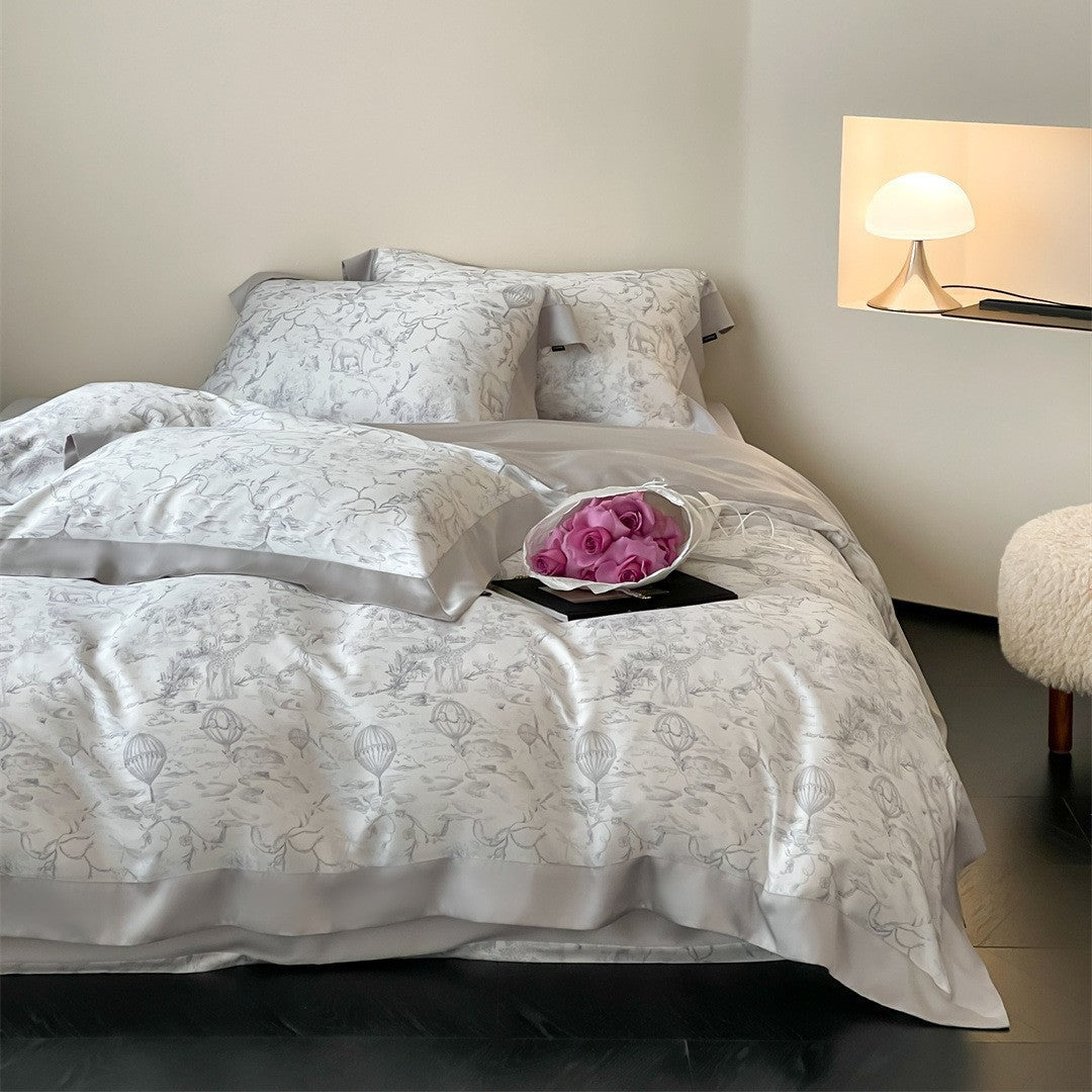 Designer Toile Baumwoll-Satin Bettbezug Set mit Satinrand & Kissenbezügen
