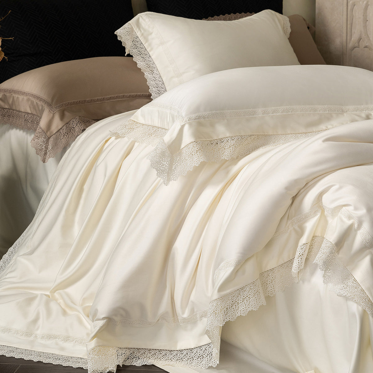 Spitzenbesetzte Luxus-Baumwoll-Satin Bettbezug Set