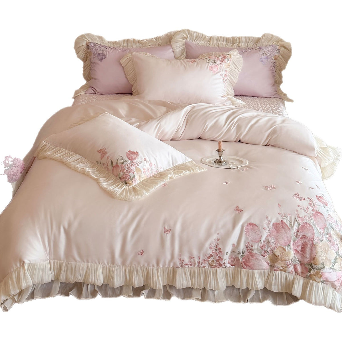 Gerüschtes Satin-Feeling Blumenbesticktes Bettbezug-Set mit Faltenrüschensaum