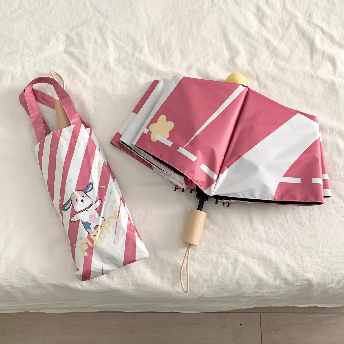Damen eleganter Faltregenschirm mit ergonomischem Holzgriff und schützender Tragetasche Brehn