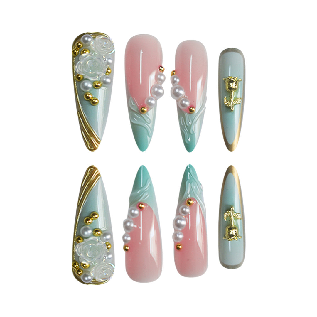 Luxuriöse Strass- und Blumen Druck-Nagelkunst Brehn
