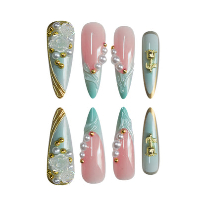 Luxuriöse Strass- und Blumen Druck-Nagelkunst Brehn
