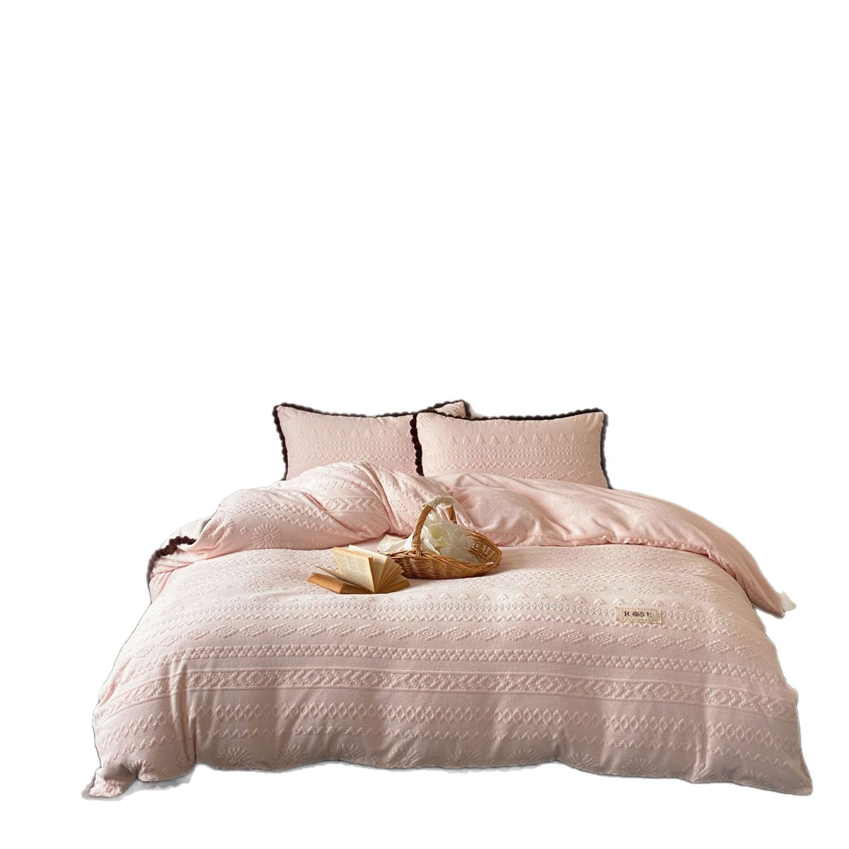 Texturiertes Jacquard-Baumwoll-Bettbezug-Set mit Pom-Pom-Skallopkante