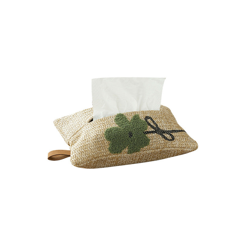 Gewebte Taschentuchbox-Hülle in Stroh-Optik mit besticktem Blumenmotiv Brehn