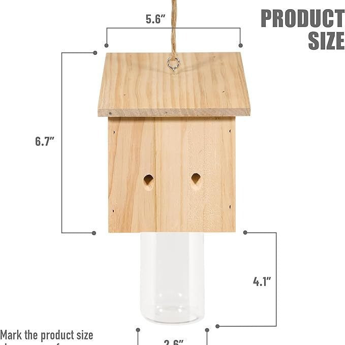 Hängender Holzvogelfutterspender mit Glasbehälter für Samen und natürlichem Jutegurt Brehn