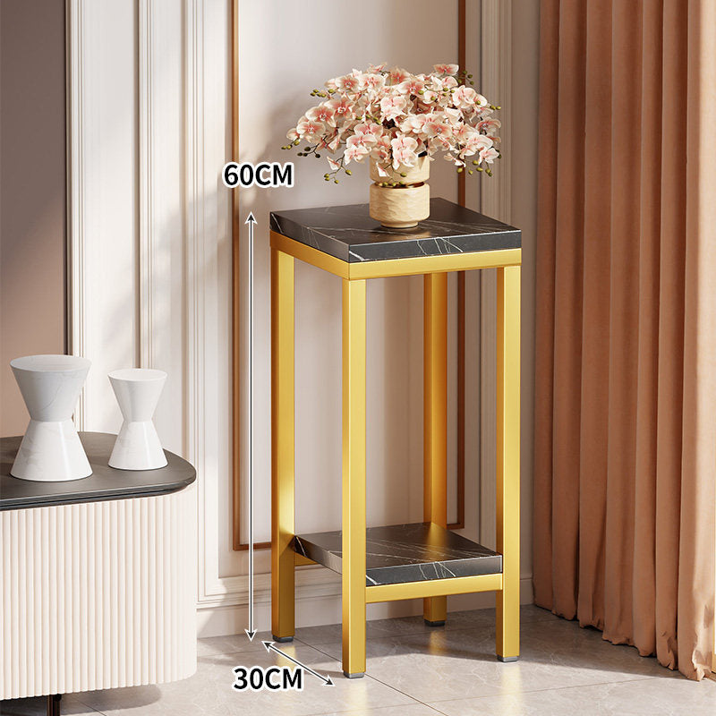 Schmaler hoher Pflanztisch Beistelltisch mit Marmoroberfläche, unterem Regal und goldenem Metallrahmen