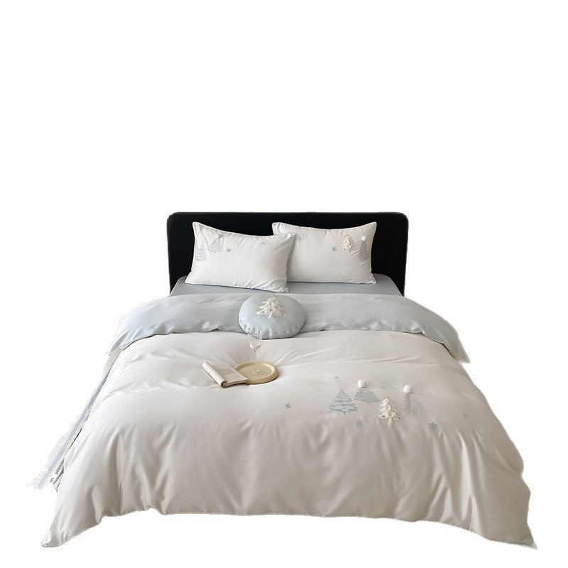 Besticktes Pom-Pom Baumwollsatin Bettwäsche Set mit dekorativem runden Kissen