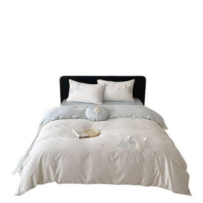Besticktes Pom-Pom Baumwollsatin Bettwäsche Set mit dekorativem runden Kissen