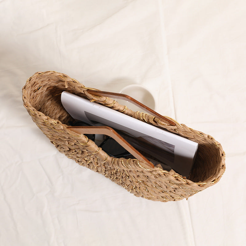 Handgefertigte Tragbare Basttasche mit Holzgriffen Brehn