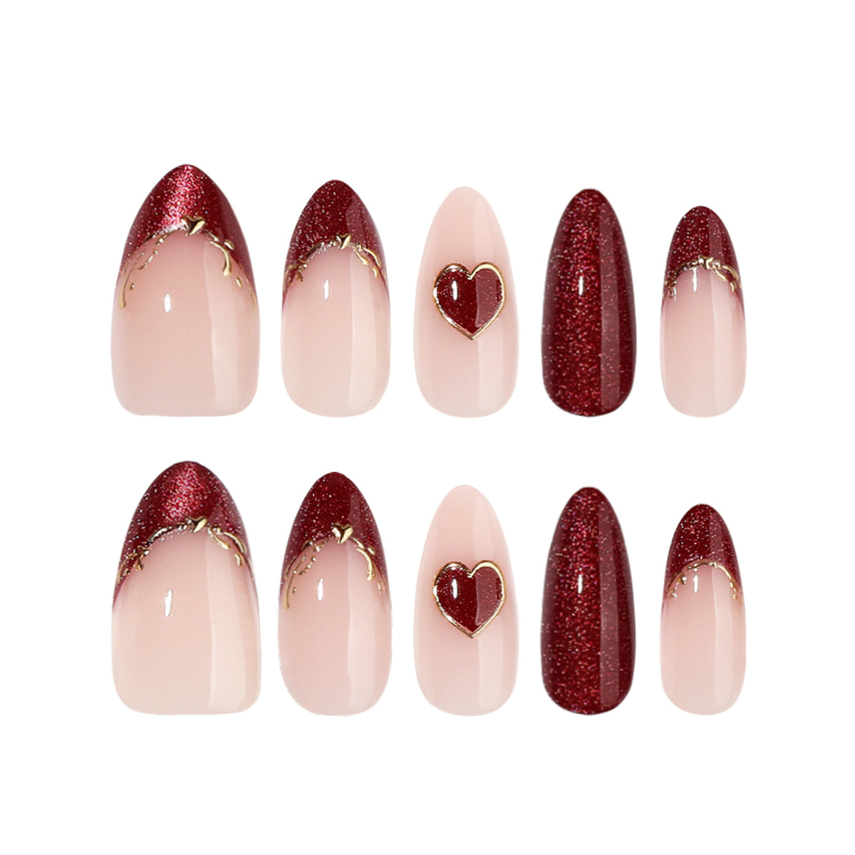 Kunstvolle Stiletto-Nägel mit Herzmotiven und Glitzerverzierung Brehn