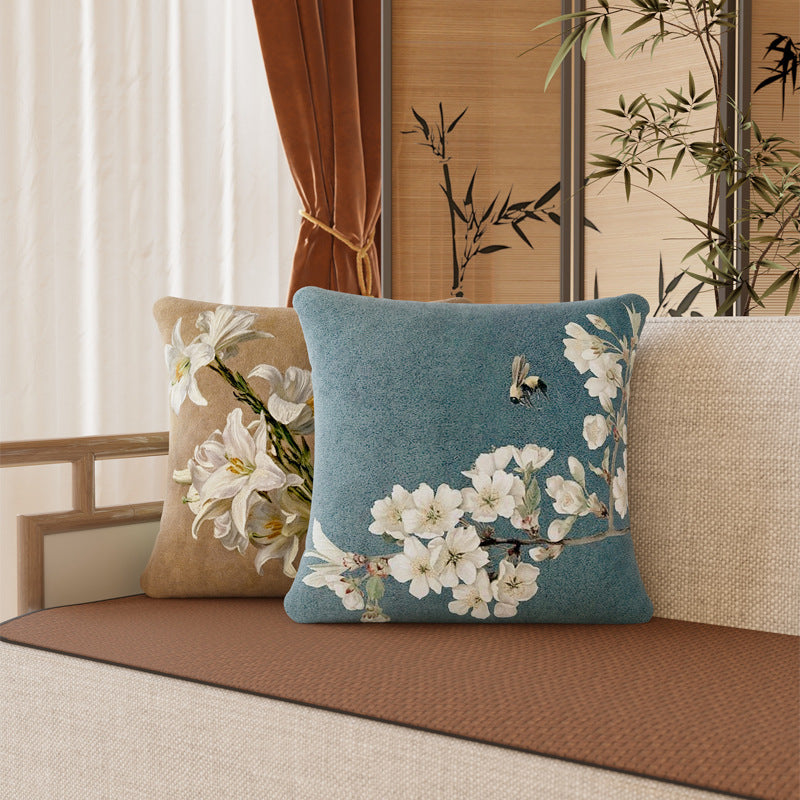 Square Plush Magnolia Botanical Velvet Pillow Cover with Concealed Zipper and Microfiber Backing