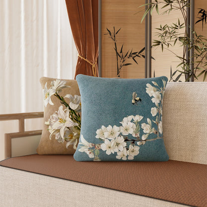 Square Plush Magnolia Botanical Velvet Pillow Cover with Concealed Zipper and Microfiber Backing