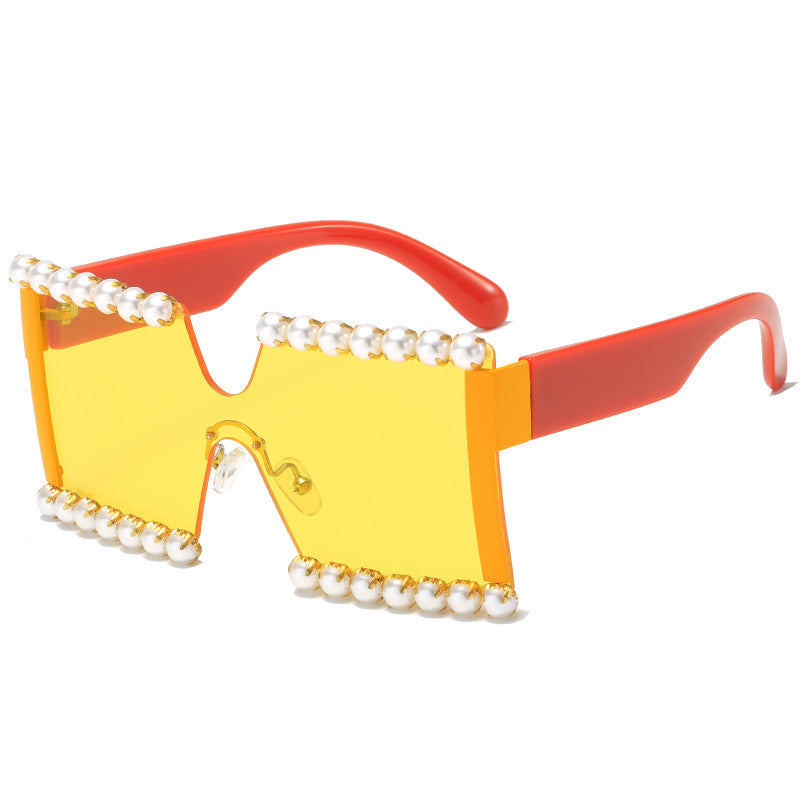 Damen extravagante Rechteck-Sonnenbrille mit Perlenschmuck und UV-Schutz Brehn