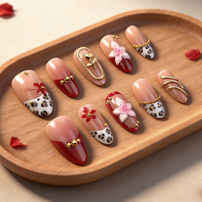 Künstlerisches dekoratives Press-On Nagel-Kunst-Set mit floralen und Leopardenmustern Brehn