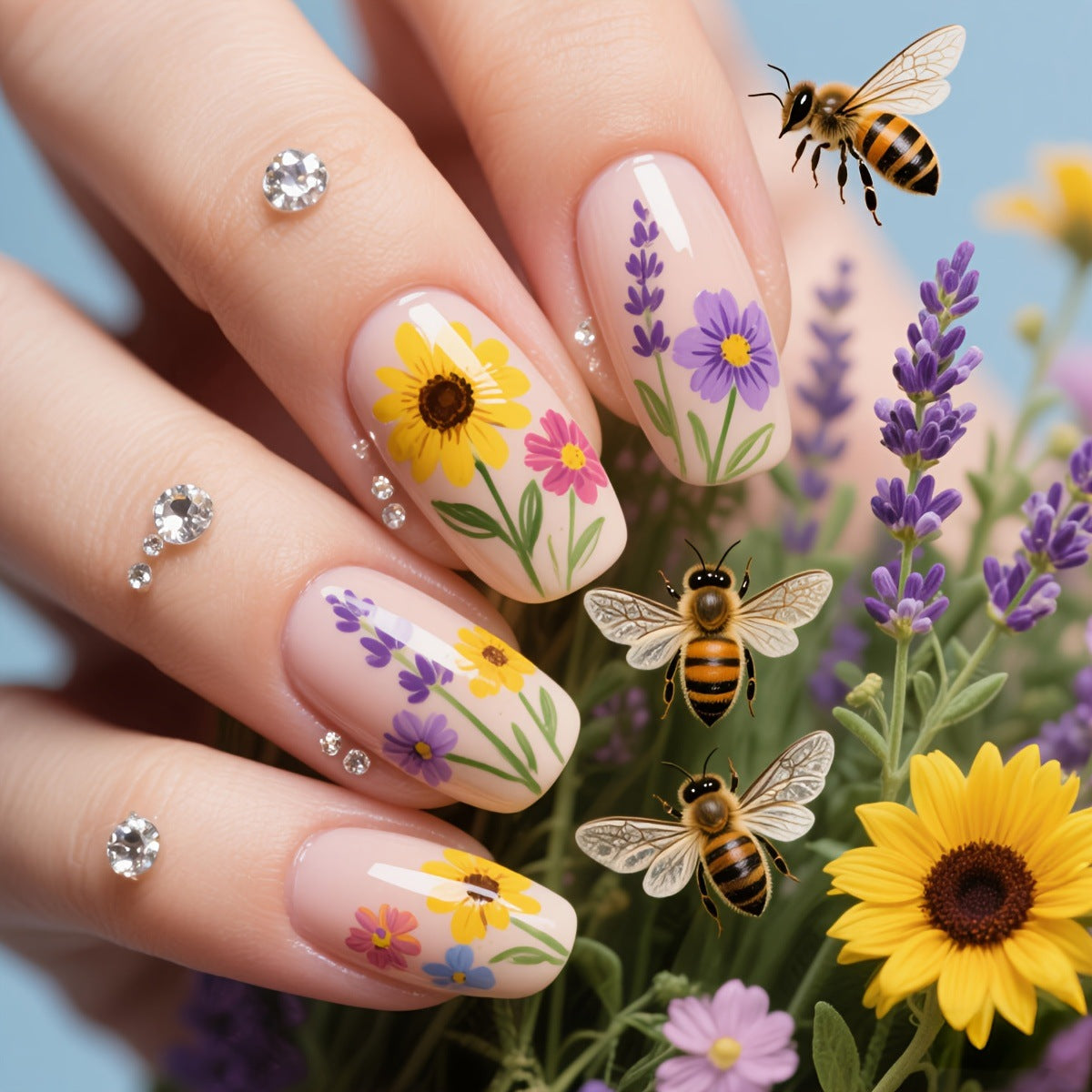 Glitzernde Kunstnägel mit Floralen Motiven Brehn