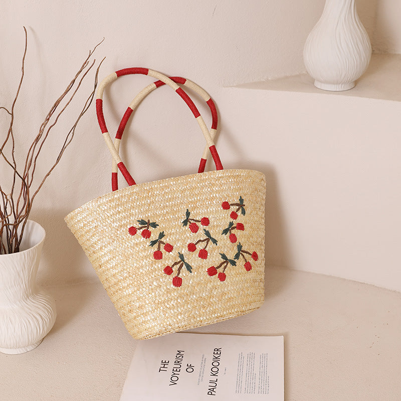Damen Handgefertigte Korbtasche mit floralem Stickdesign Brehn