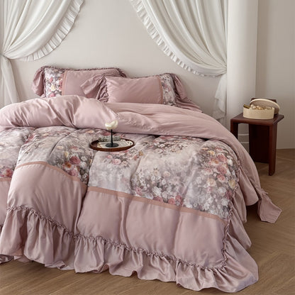Romantisches Satin-Feel Floral Wende-Rüschende Bettbezug-Set