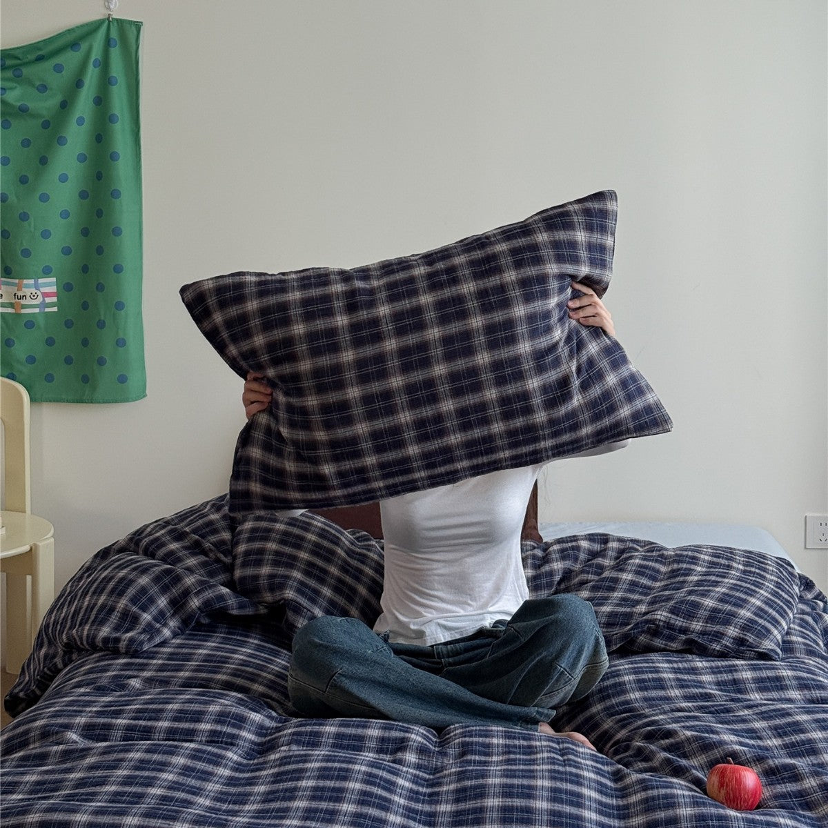 Leichtes Karomuster-Bettwäscheset aus Baumwoll-Musselin mit softer Oberfläche