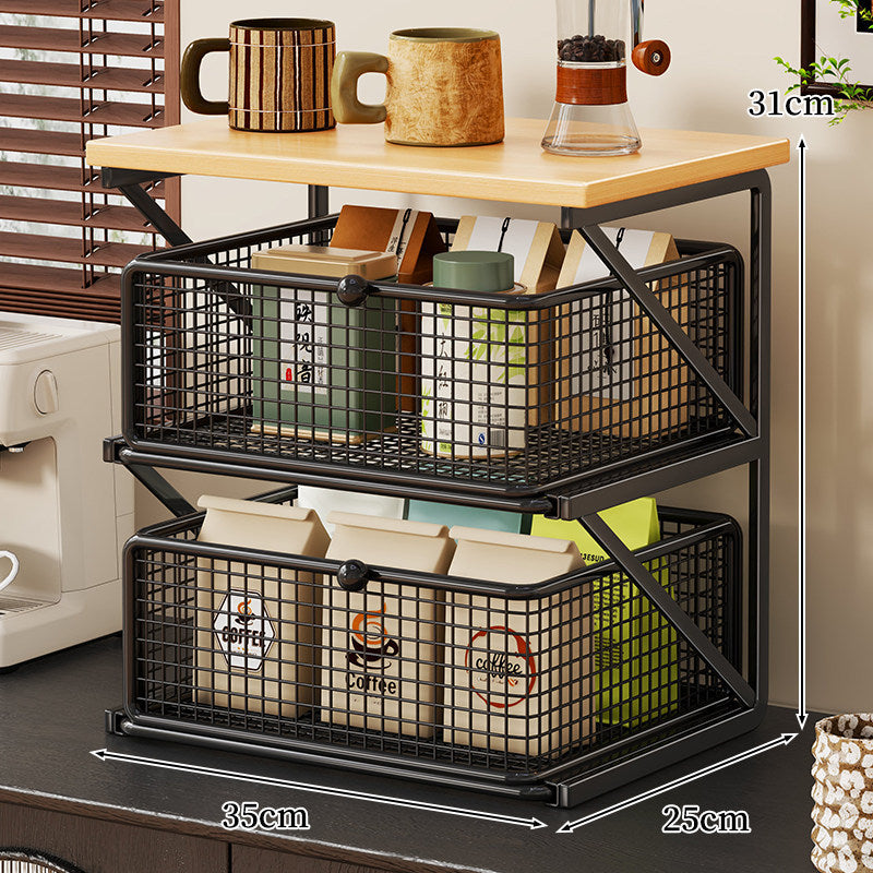 Küchenarbeitsplatte Kaffee Station Organizer mit Holzoberfläche und Metalldrahtkorb