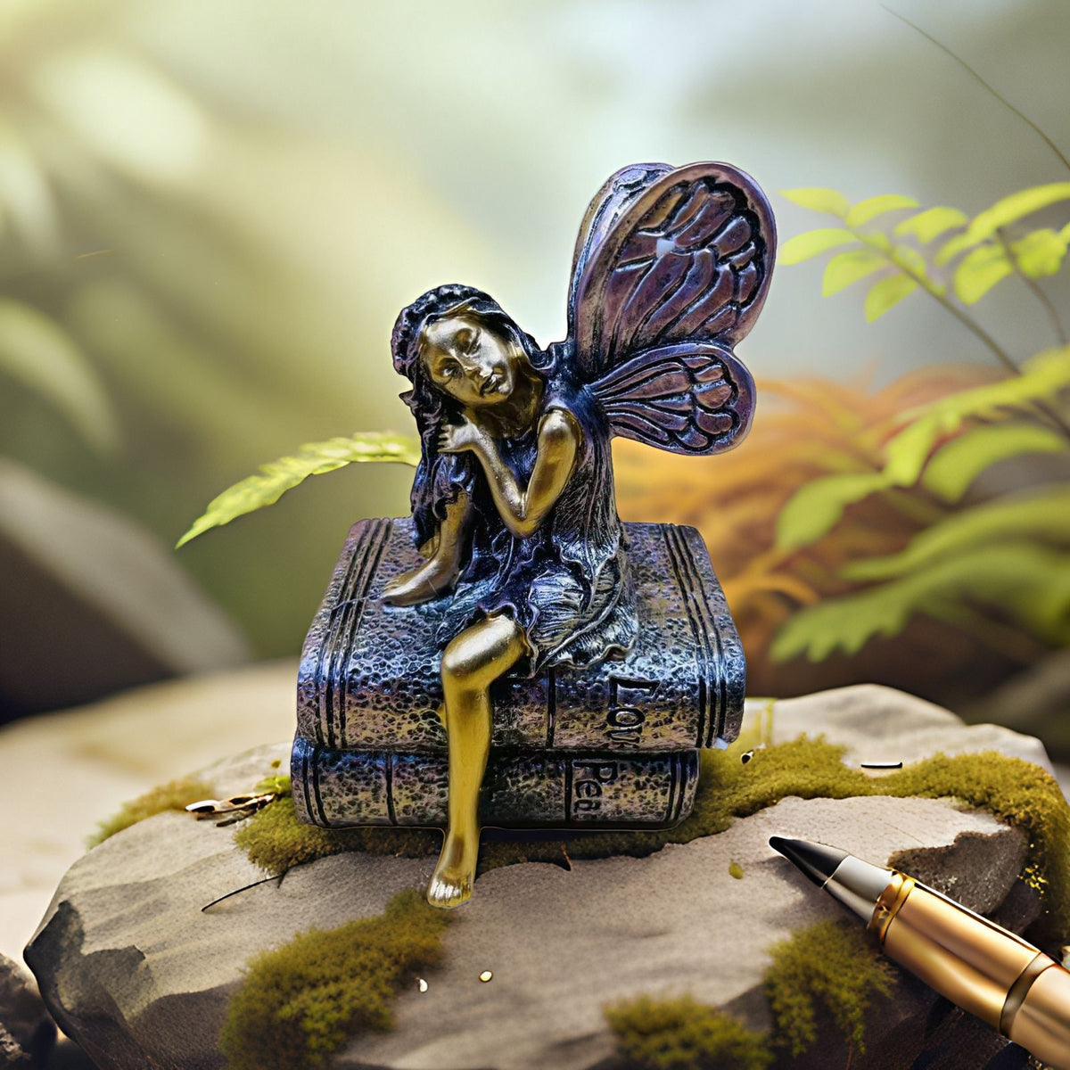Feenfigurine, die auf Büchern sitzt, Brehn